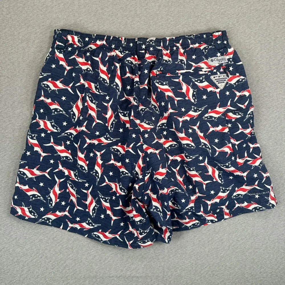 Columbia PFG Swim Trunks‎ Mens Large Navy Red White Americana Shark Star AOP
